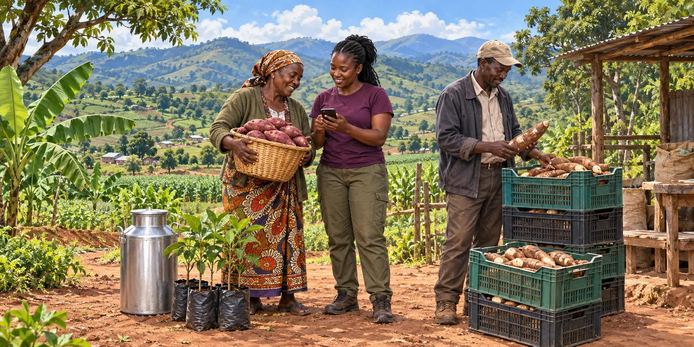 Illustration of farmers and a buyer connecting at a rural produce collection point