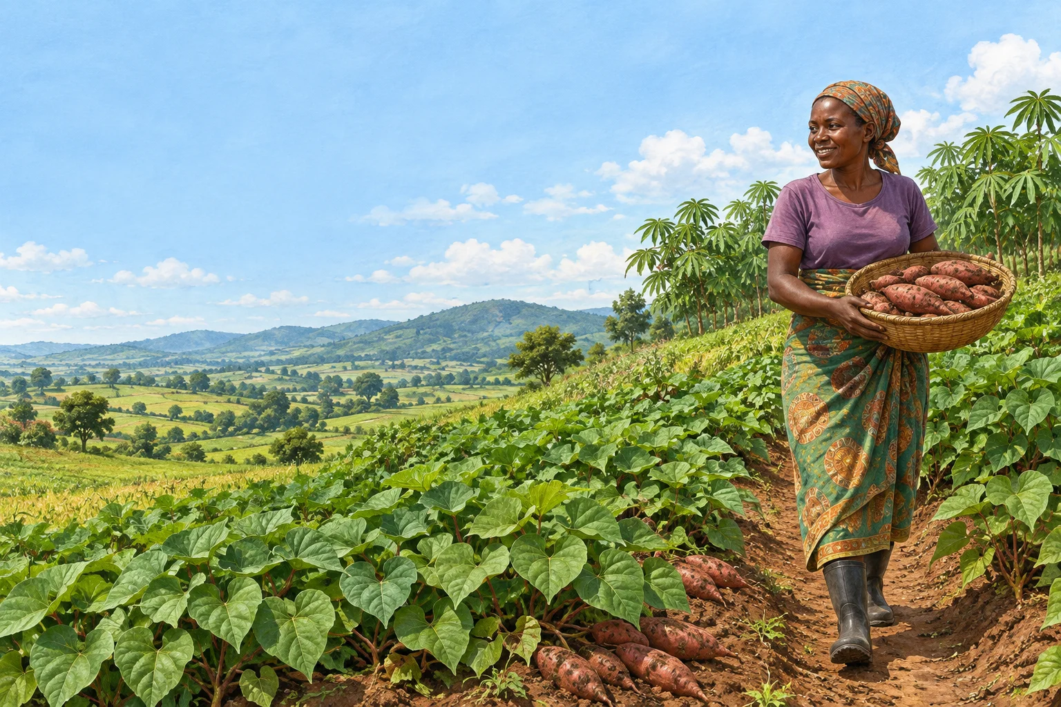 Illustration of a farmer carrying harvested sweet potatoes beside a field